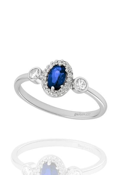Minera Serisi 925 Ayar Gümüş Mavi Safir Zirkon Taşlı Oval Yüzük ürün görseli 1
