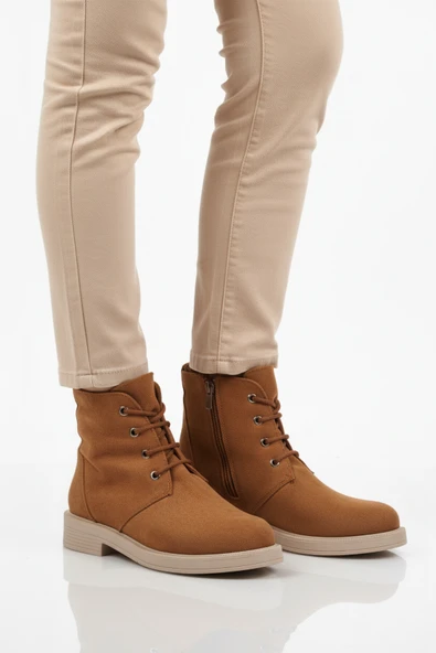 Ayakmod Taba Süet Bağcıklı Fermuarlı Kaymaz Kadın Bot 284098 Z ürün görseli 1