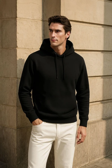 Erkek Kapüşonlu İçi Polarlı Siyah Sweatshirt ürün görseli 1