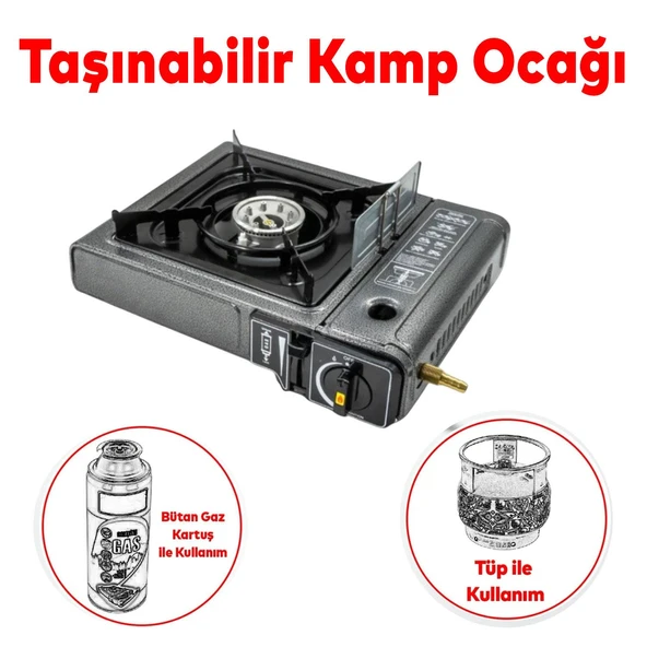 Taşınabilir Portatif Kamp Ocağı Tekli Tek Gözlü Kartuşlu Piknik Tüp Bağlantılı Gezi Ocak Gri Renk ürün görseli 1