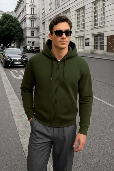 Erkek Fermuarlı Kapüşonlu İçi Polarlı Haki Sweatshirt ürün görseli 1