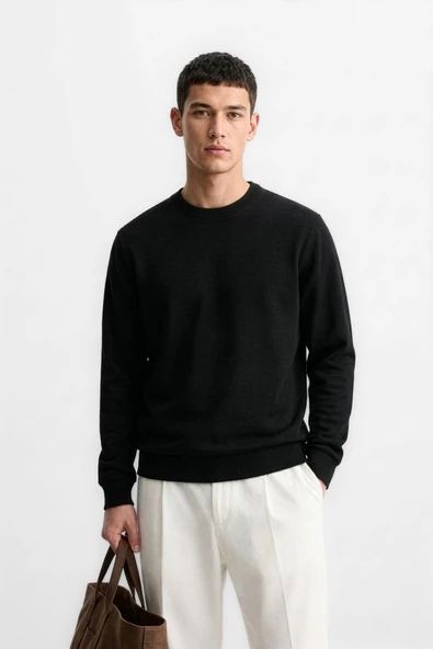 Erkek Bisiklet Yaka Düz Siyah Sweatshirt ürün görseli 1