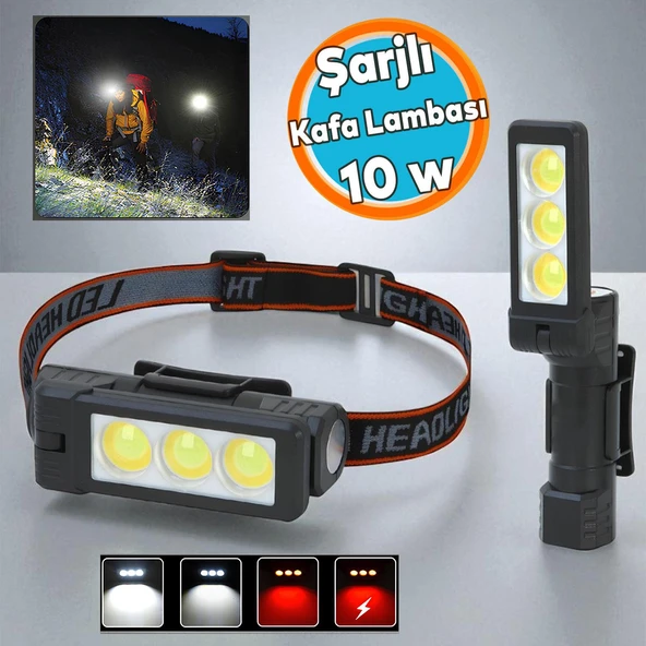 Kafa Feneri Kafa Lambası 3 LED 10W Uzun Menzil Usb Şarjlı Ledli Işık Su Geçirmez Kamp El Feneri ürün görseli 1