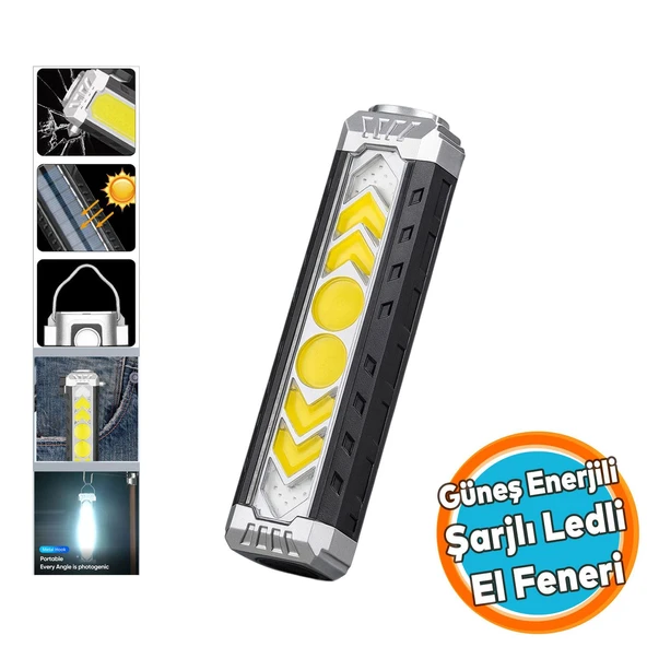 Güneş Enerjli El Feneri Ledli 15W Şarjlı Mıknatıslı Askılı Kamp Taktik El Feneri Su Geçirmez ürün görseli 1