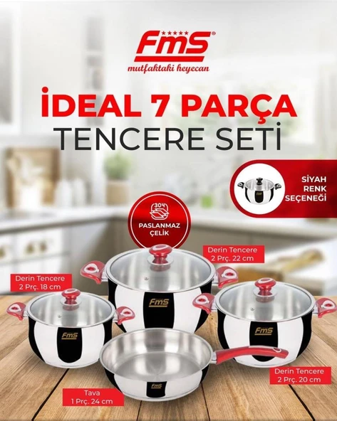 FMS 6001 Siyah İdeal 7 Parça Çelik Tencere Seti ürün görseli 1