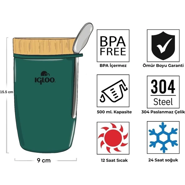 Igloo Bamboo Yemek Termosu 500ml-YEŞİL - Resim 3