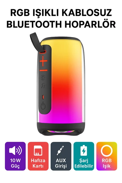 RGB Işıklı Kablosuz Bluetooth Hoparlör 10W Güç, Hafıza Kartı ve AUX Girişli, Taşınabilir Parti Hoparlörü ürün görseli 1