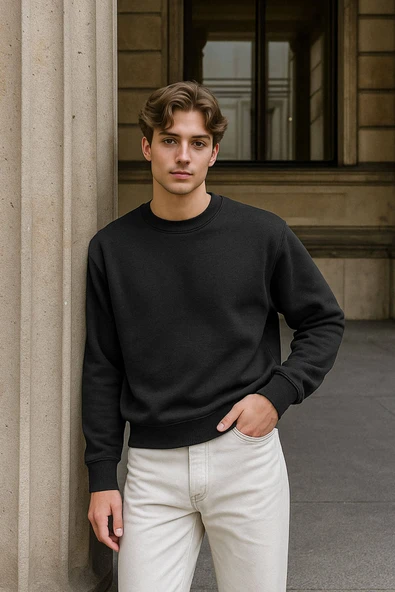 Erkek Bisiklet Yaka Düz Antrasit Sweatshirt ürün görseli 1
