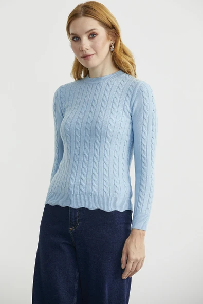 Dilimli Saç Örgülü Triko Kazak - Mavi - Resim 4