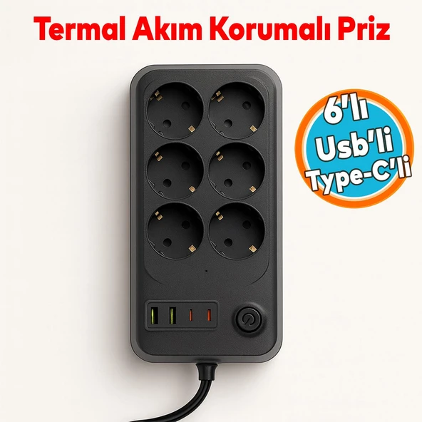 Akım Korumalı Topraklı Golyat Grup Şarj Fiş Priz 6 Prizli 4 USB Girişli 2 Metre Uzatma Kablosu ürün görseli 1