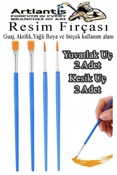 Resim Fırçası Kesik ve Yuvarlak Uçlu 4 Adet Sentetik Fırça Ekonomik Suluboya Akrilik Boya Guaj Boya Yağlı Boya Resim ürün görseli 1