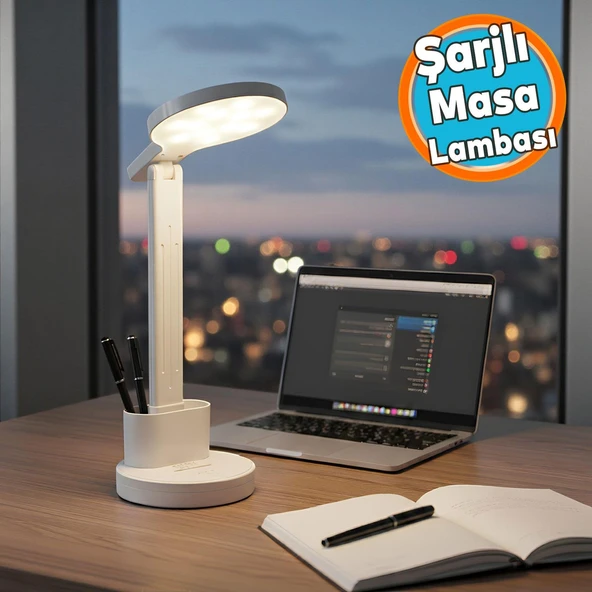 Dokunmatik 3 Renkli Kademesiz Karartmalı Type C Şarjlı Masa Lambası Kalemlikli 10W Beyaz Led ürün görseli 1