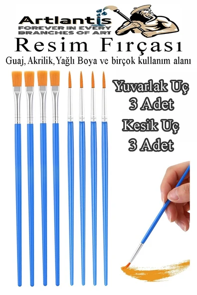 Resim Fırçası Kesik ve Yuvarlak Uçlu 8 Adet Sentetik Fırça Ekonomik Suluboya Akrilik Boya Guaj Boya Yağlı Boya Resim ürün görseli 1