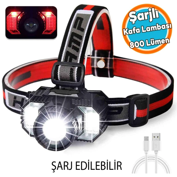 Kafa Lambası Şarjlı Type-c Şarj Beyaz Işık Kırmızı Sos Işık Su Geçirmez 1800 mAh 800 Lümen ürün görseli 1