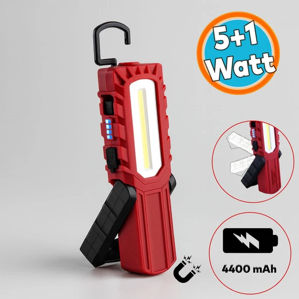 Mıknatıslı İş Lambası Led El Feneri Askılı Işıldak Kamp Lambası 5+1 W Şarjlı Gece Lambası 4400 mAh ürün görseli 1