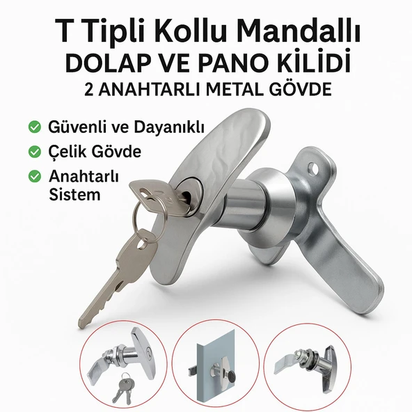 Mandallı Kollu T Tipli Dolap Çekmece Kilidi 2 Anahtarlı Metal Mobilya Elektrik Pano Kilidi 1 Adet ürün görseli 1