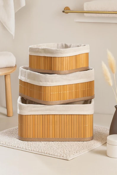 3 Lü Kare Doğal Bambu Sepet Seti - Pinterest Dekoratif Organizer Düzenleyici Sepet Takımı ürün görseli 1