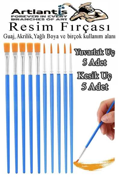 Resim Fırçası Kesik ve Yuvarlak Uçlu 10 Adet Sentetik Fırça Ekonomik Suluboya Akrilik Boya Guaj Boya Yağlı Boya Resim ürün görseli 1