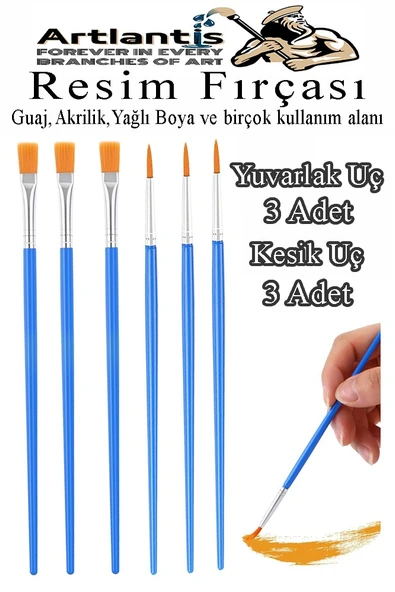 Resim Fırçası Kesik ve Yuvarlak Uçlu 6 Adet Sentetik Fırça Ekonomik Suluboya Akrilik Boya Guaj Boya Yağlı Boya Resim ürün görseli 1
