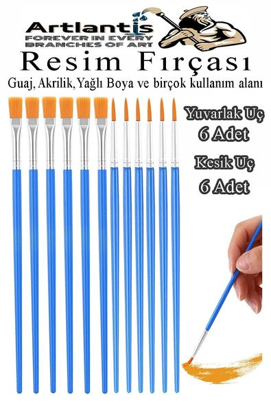 Resim Fırçası Kesik ve Yuvarlak Uçlu 12 Adet Sentetik Fırça Ekonomik Suluboya Akrilik Boya Guaj Boya Yağlı Boya Resim ürün görseli 1