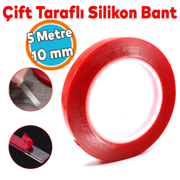 Çift Taraflı Silikon Bant Montaj Bandı Şeffaf 10 mm x 5 Metre Güçlü Çok Amaçlı Yapıştırıcı 1 Adet ürün görseli 1