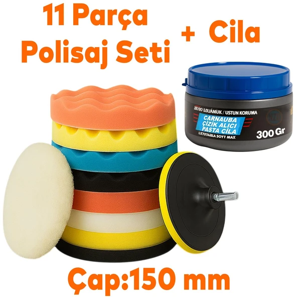 Polisaj Süngeri Seti + 300 Gr Cila 150 mm Matkap Uyumlu Oto Seramik Wax Pasta Cila Parlatma Pedi ürün görseli 1