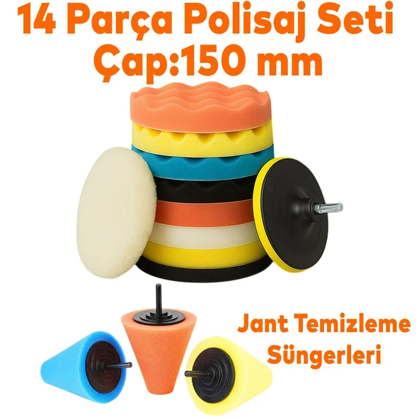 Polisaj Süngeri Seti 14 Parça Jant Parlatma Pedi Matkap Uyumlu Oto Wax Büyük Boy Pasta Cila 150 mm ürün görseli 1