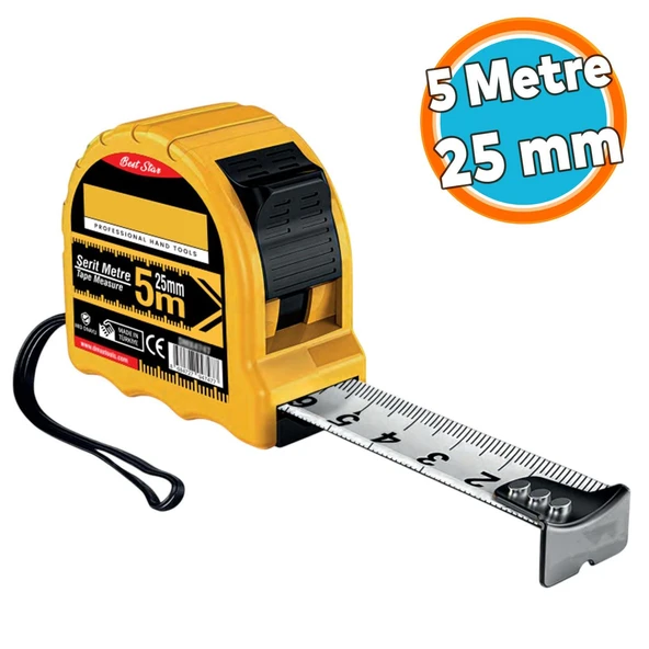 Şerit Metre Darbeye Dayanıklı Kilitli 5 Metre x 25 mm Oto Kilitli Mezura Ölçüm Aleti ürün görseli 1