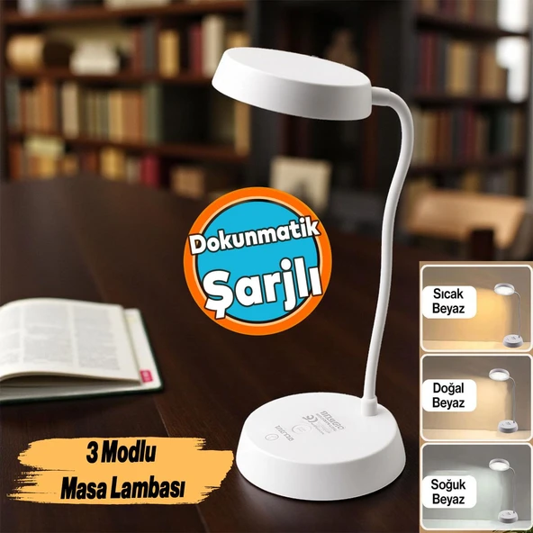 Masa Üstü Lamba Şarjlı Akrobat 360° 3 Kademe Dokunmatik Çalışma Okuma Işığı Gece Lambası Soft Işık ürün görseli 1
