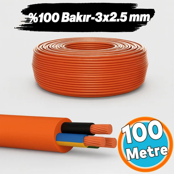 100 Metre %100 Bakır Çok Telli 3x2.5 mm Elektrik Kablosu Turuncu Elektrikli Araç Şarj Uygun Uyumlu ürün görseli 1