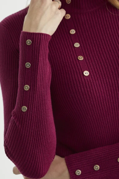 Fitilli Dik Yaka Basic Triko Kazak - Bordo - Resim 5