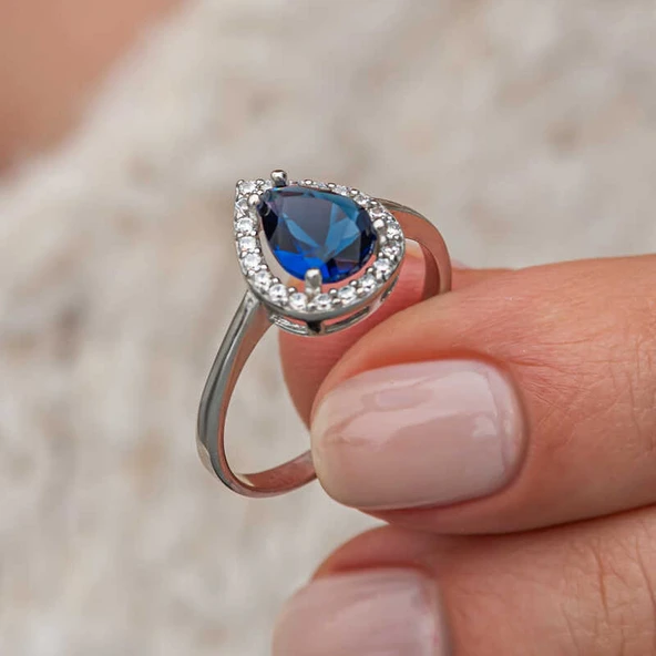 Gümüş Damla Safir Taşlı Kadın Yüzük ürün görseli 1