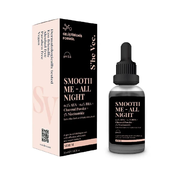 She Vec Smooth Me All Night Aktif Kömür İçeren Matlaştırıcı ve Cilt Kusur Görünümünü Azaltıcı Siyah Serum 30 ml ürün görseli 1