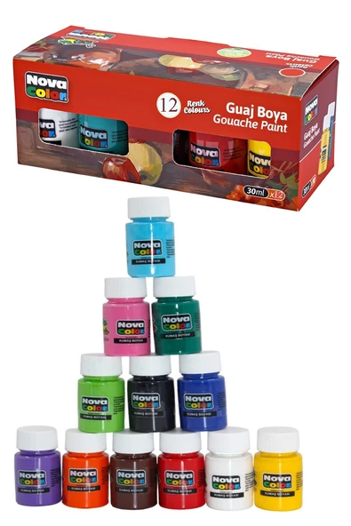 Guaj Boya 12 Renk 30 ml 1 Paket Nova Color Guaj Boya Seti 12 li Su Bazlı Şişe Canlı Renkler Resim Okul ürün görseli 1