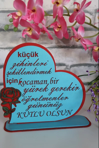 Öğretmenler Gününe Hediye Masaüstü Tablo "Kocaman bir Yürek" Ahşap Dekoru ürün görseli 1