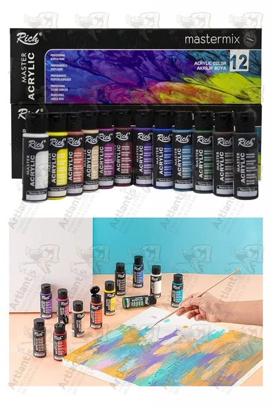 Rich Mastermix Akrilik Boya 12 Renk 60 ml 1 Paket Canlı Renkler Akrilik Boya 12 li Profesyonel Tuval Canvas Boyası ürün görseli 1