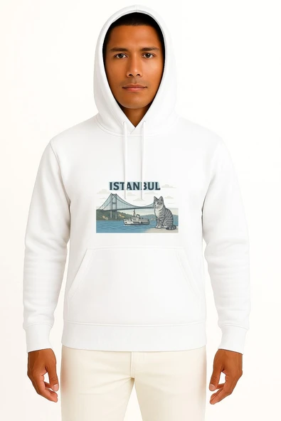 Kapüşonlu İstanbul - Kedi Ve Boğaz Köprüsü Göğüs Tasarımlı Unisex Sweatshirt ürün görseli 1