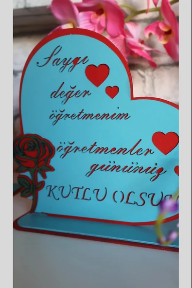 Öğretmenler Gününe Özel Masaüstü Tablo Ahşap "Saygı Değer" Gül Detaylı Dekor ürün görseli 1