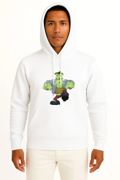 Kapüşonlu Monster Frankenstein Halloween Göğüs Tasarımlı Unisex Sweatshirt ürün görseli 1