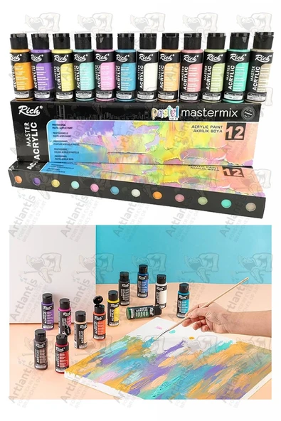 Rich Mastermix Akrilik Boya 12 Renk 60 ml 1 Paket Pastel Renkler Akrilik Boya 12 li Profesyonel Tuval Canvas Boyası ürün görseli 1