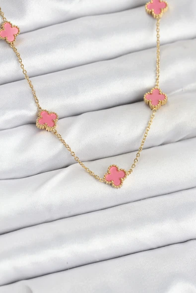 316L Çelik Zincir Gold Renk Pembe Baby Boy Yonca Kadın Kolye TJ-BKO10572 ürün görseli 1