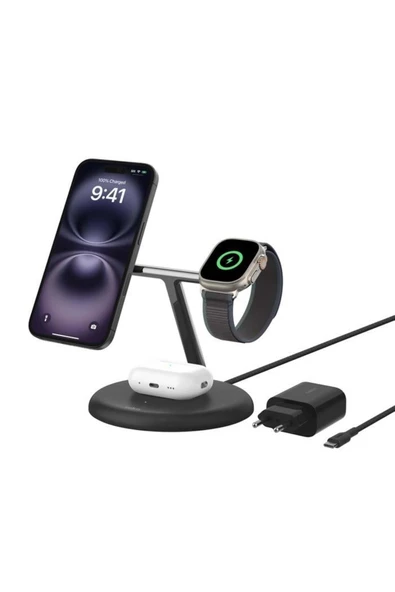 Belkin WIZ023VFBK Qi2 15W 3in1 MagSafe Şarj Standı - Siyah ürün görseli 1