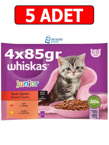 Whiskas junior kitten pouch yaş mama (4x85gr) 5adet klasik seçenekler tavuk,sığır ürün görseli 1