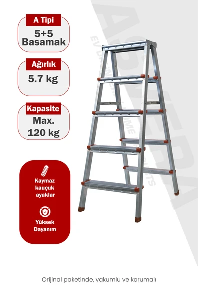 Asvera 5+5 Çift Çıkışlı A Tipi Katlanabilir Profil Merdiven - Çift Taraflı Galvanizli Merdiven ürün görseli 1