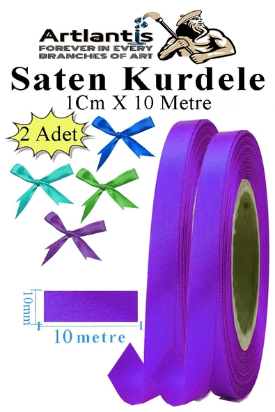 Mor Kurdele Saten 1 Cm 10 Metre 2 Adet Saten Kurdela Parlak Hediye ve Süsleme Şeridi Süs Paketleme Çiçek Saç El ürün görseli 1