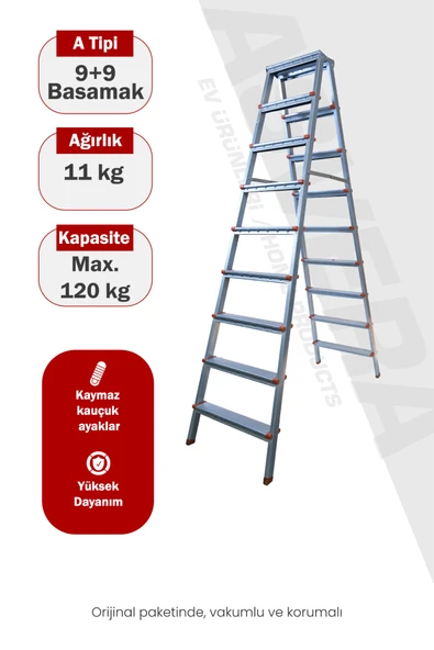 Asvera 9+9 Çift Çıkışlı A Tipi Katlanabilir Profil Merdiven - Çift Taraflı Galvanizli Merdiven ürün görseli 1