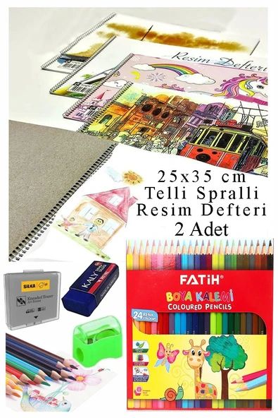 24 Renk Fatih Kuru Boya 25x35 cm Telli Spralli Resim Defteri Hamur Silgi Kalemtraş 15 Yaprak Resim Defteri Kuruboya ürün görseli 1
