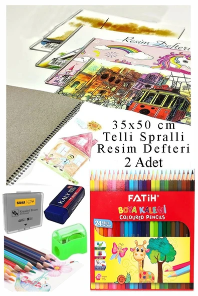 24 Renk Fatih Kuru Boya 35x50 cm Telli Spralli Resim Defteri Hamur Silgi Kalemtraş 15 Yaprak Resim Defteri Kuruboya ürün görseli 1