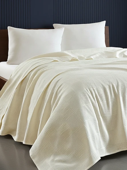 %100 Pamuk Pike Battal Boy Örtü – Karo Desen Krem  Renk, 240x230 cm ürün görseli 1