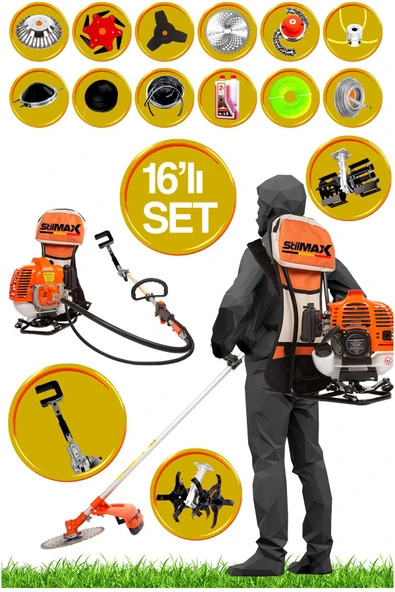 Stilmax 16 Parça Turbo Benzinli Sırt Tırpan Ot Çim Çalı Biçme Makinası + Zeytin Silkeleme Aparatlı Set ürün görseli 1